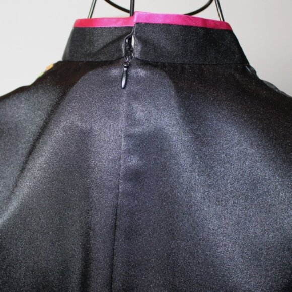 Long Black Satin Dress Floral Butterfly Side Slits Mandrin Collar Eastern XS - Picture 8 of 8